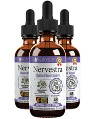 Rejuvica Health Nervestra bottle closeup showing fast-absorbing nerve support.