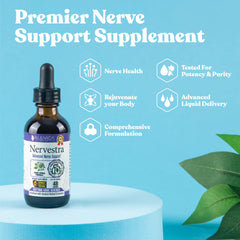 Nervestra liquid formula being poured highlights quick bioavailability for nerve health.
