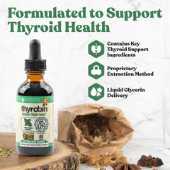 Thyrobin liquid formula close-up, alcohol-free delivery for purity.