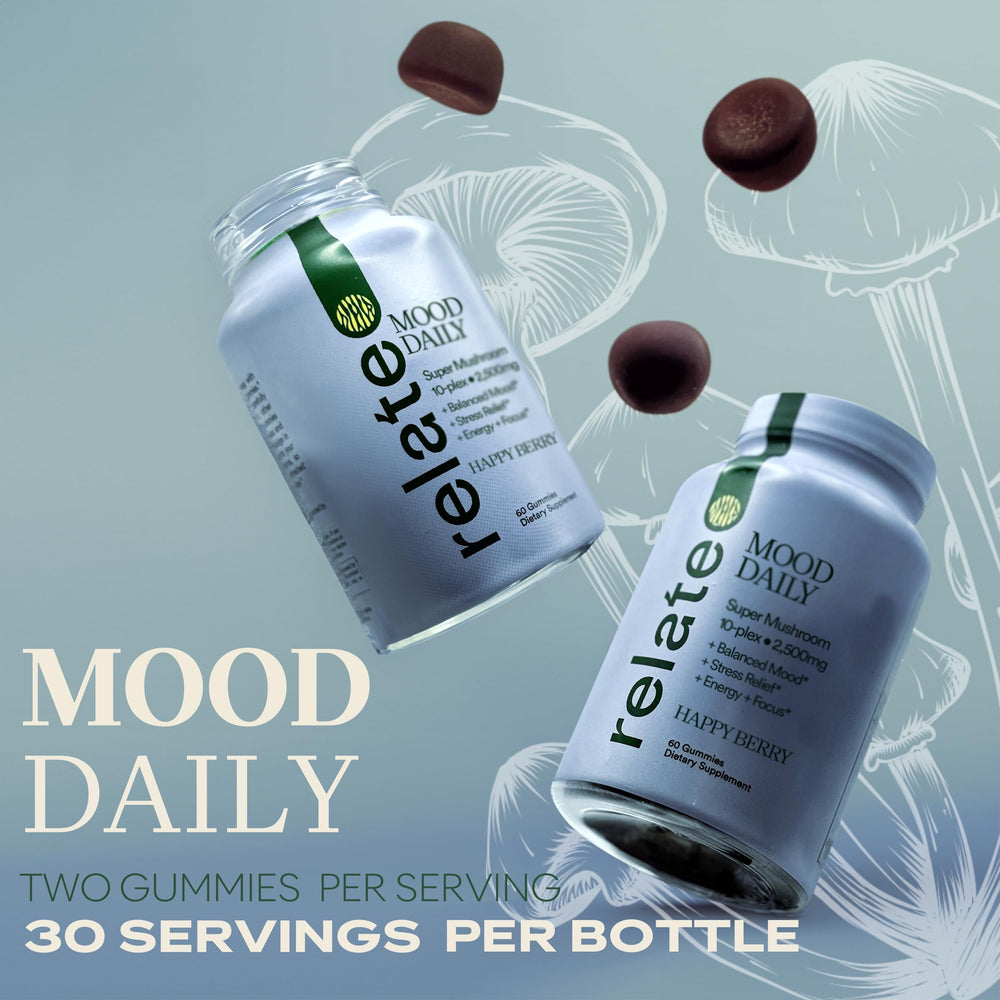 Relate Mood Daily Happy Berry Gummies jar closeup highlighting glossy gummies and vibrant color for focus.