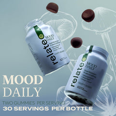 Relate Mood Daily Happy Berry Gummies jar closeup highlighting glossy gummies and vibrant color for focus.