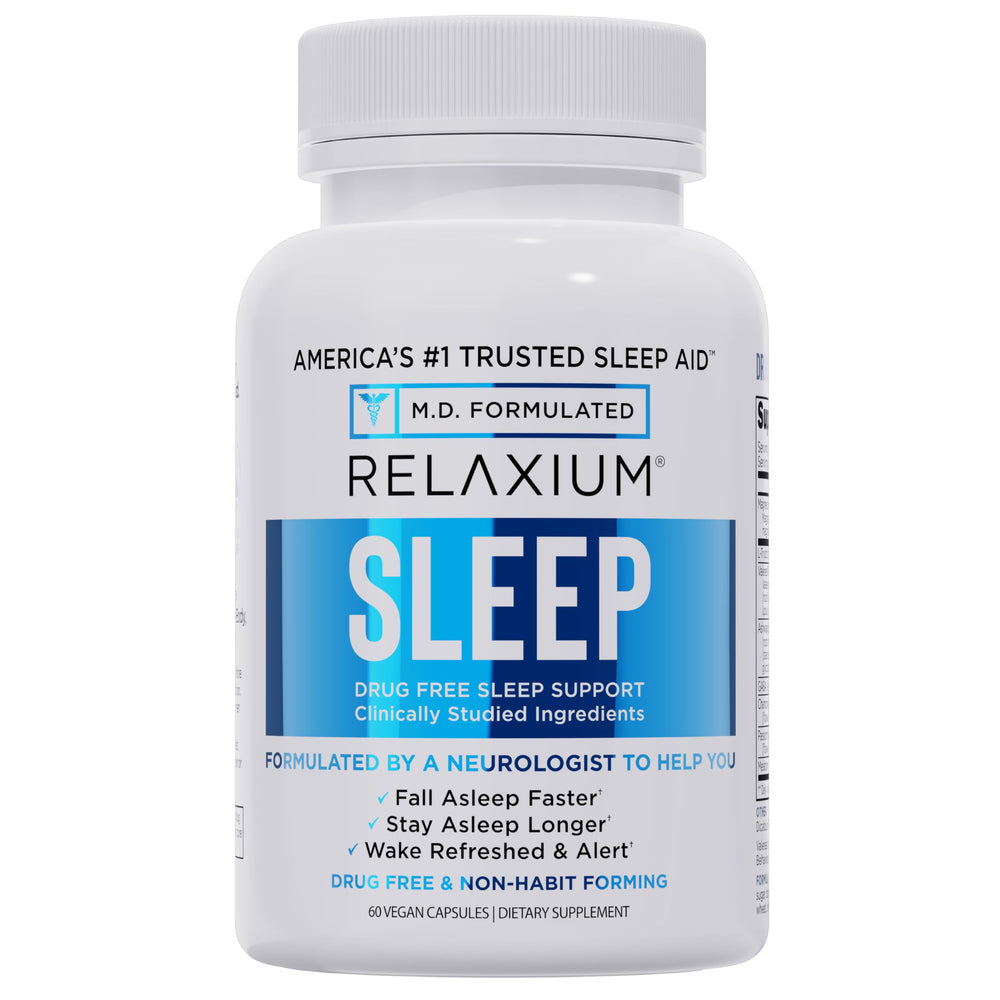 Relaxium Sleep Aid bottle front promotes a calm bedtime routine