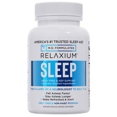 Relaxium Sleep Aid bottle front promotes a calm bedtime routine