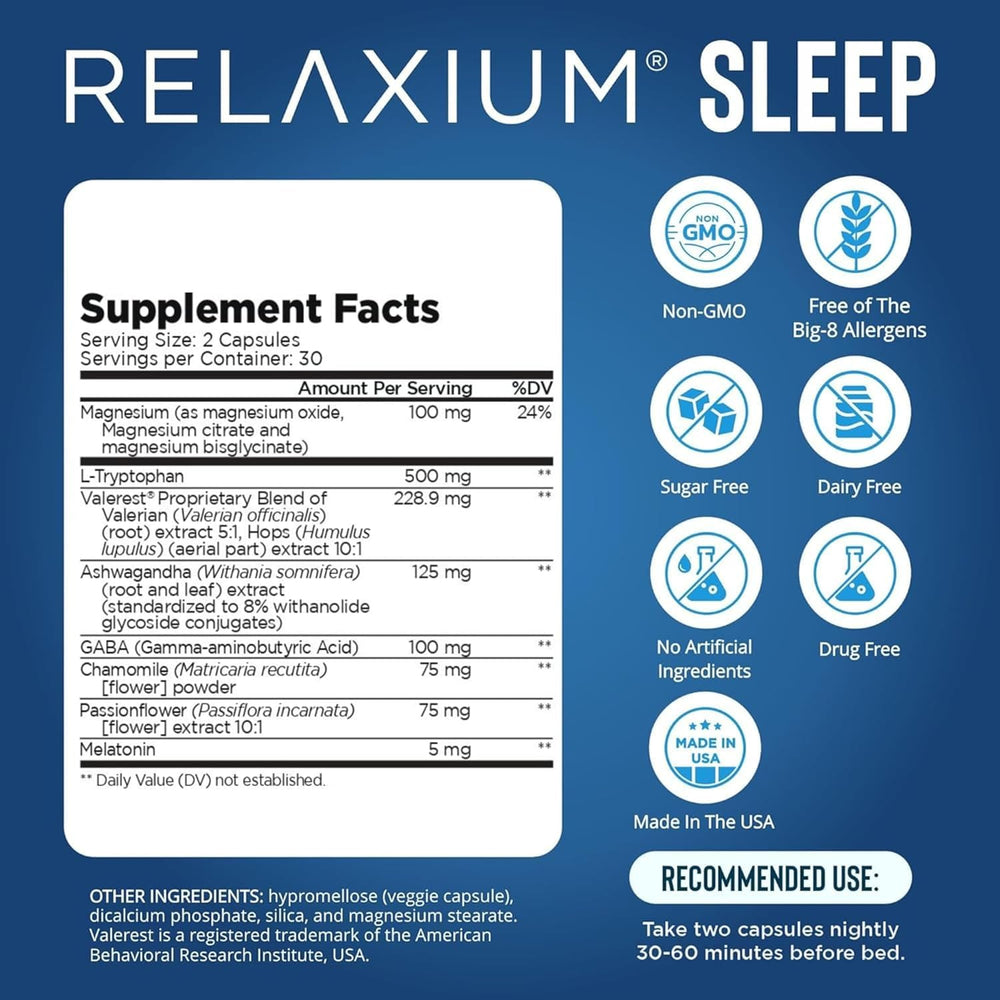 Relaxium Sleep Aid capsules close-up showing vegan formula for nightly rest