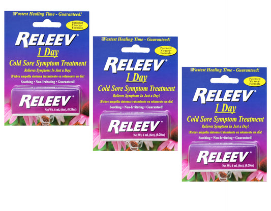 Releev 1 Day Lip Treatment bottle with triple-pack for discreet on-the-go calming relief.
