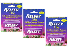 Releev 1 Day Lip Treatment bottle with triple-pack for discreet on-the-go calming relief.