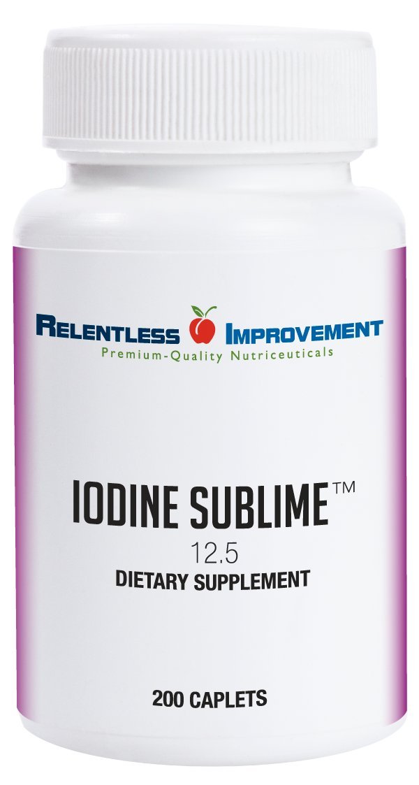 Relentless Improvement Iodine Sublime caplets on bottle front suggesting thyroid support.