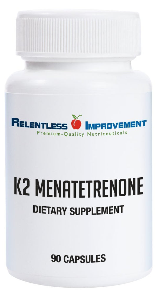 Relentless Improvement Vitamin K2 MK4 bottle closeup highlighting vegan capsules for bone support.