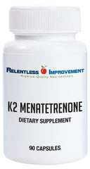 Relentless Improvement Vitamin K2 MK4 bottle closeup highlighting vegan capsules for bone support.