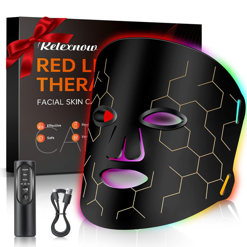 RELEXNOW face mask displaying four wavelengths for multi‑color light therapy and potential skin balance