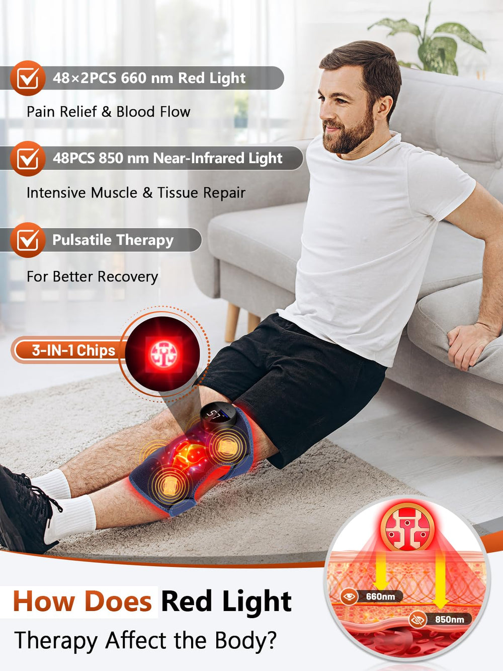 RELEXNOW red light therapy 660nm enhances surface texture on the knee brace.