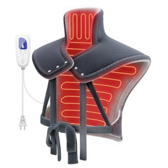 ReliefRX snug-fit neck-shoulder-back wrap with secure straps for steady heat therapy.