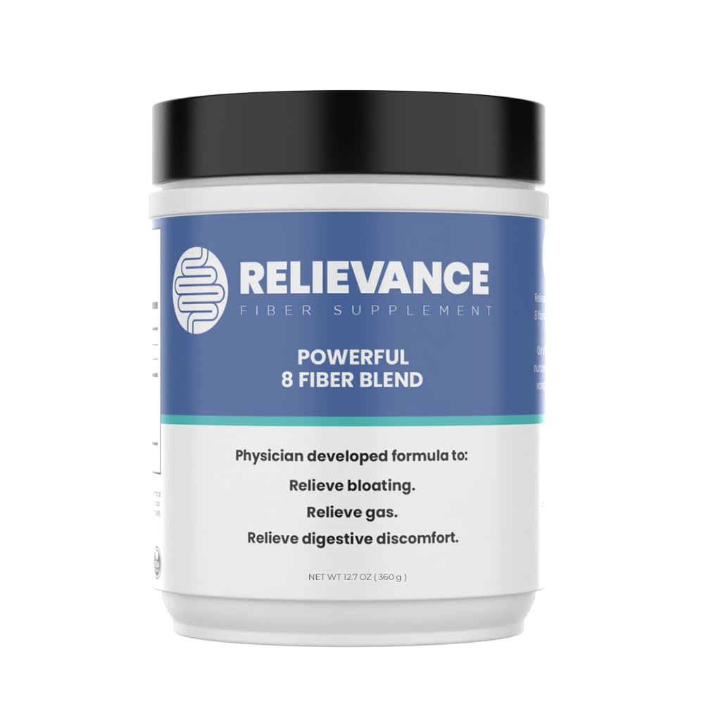 Relievance Fiber Blend bottle on counter highlighting plant-based, gluten-free wellness.