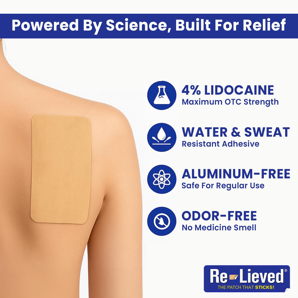 Relieved 4% Lidocaine Patch applied to knee area for versatile use.