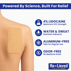 Relieved 4% Lidocaine Patch applied to knee area for versatile use.