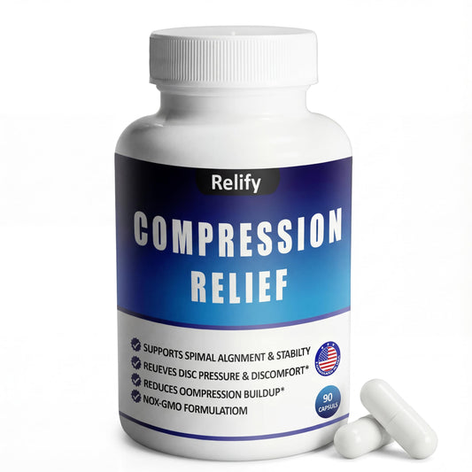Relify Compression Relief Magnesium Complex bottle pour showing easy daily dosing for spinal support