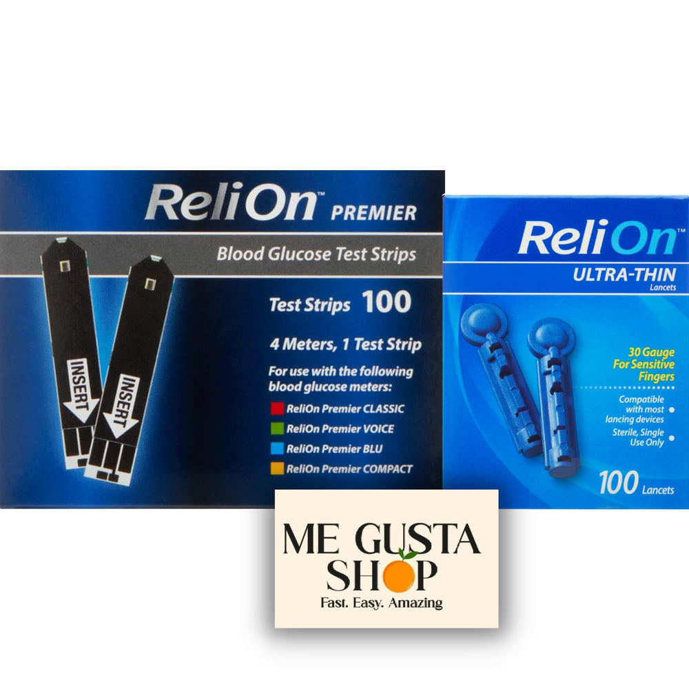 ReliOn Premier glucose test strips box displays 100 count for consistent testing supplies.