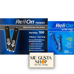 ReliOn Premier glucose test strips box displays 100 count for consistent testing supplies.