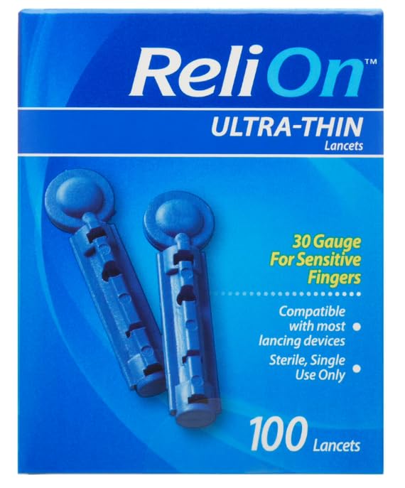 ReliOn ultra-thin blood lancets designed for comfortable sampling.