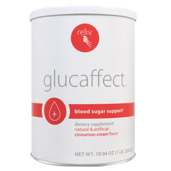 RELIV GlucAffect bottle front with Cinnamon Cream flavor for daily wellness.