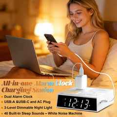 Relting sleep sound machine clock display glowing softly for ambient room lighting.