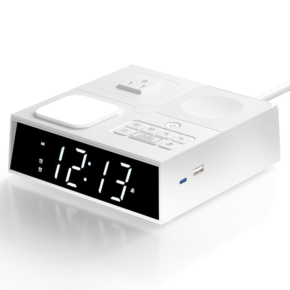 Relting sleep sound machine in front view with clean white finish and compact footprint.