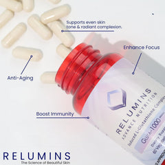 Relumins Glutathione Booster bottle aids natural glutathione processing for overall wellness