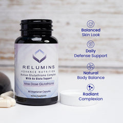 Relumins Advance White Glutathione Complex label with key dose and boosters