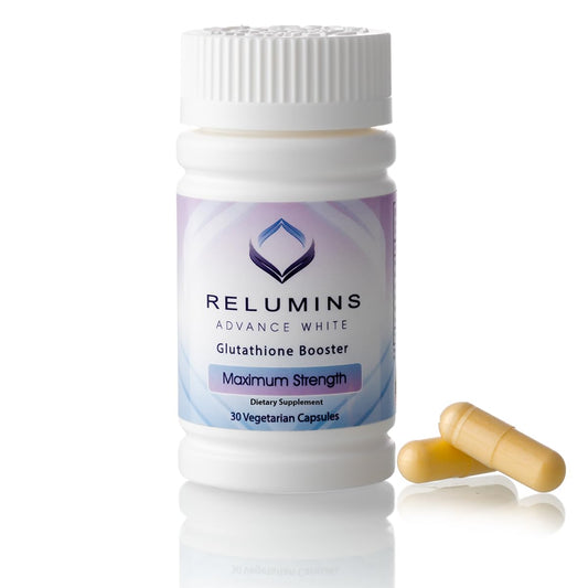 Relumins Advanced Glutathione Booster bottle showcasing daily antioxidant support