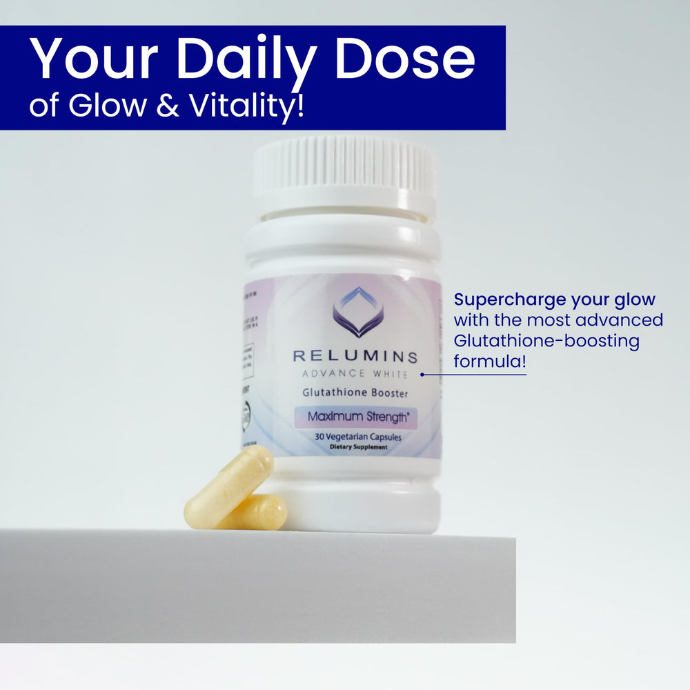Relumins Advanced Glutathione Booster pill close-up shows easy-to-swallow capsule
