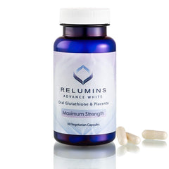 Relumins Advanced White Glutathione bottle highlights premium packaging and antioxidant ingredients.