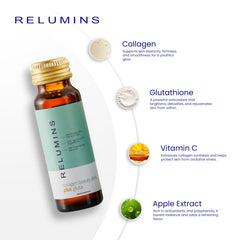 Relumins Collagen Drink apple bottle being poured for a refreshing glow.