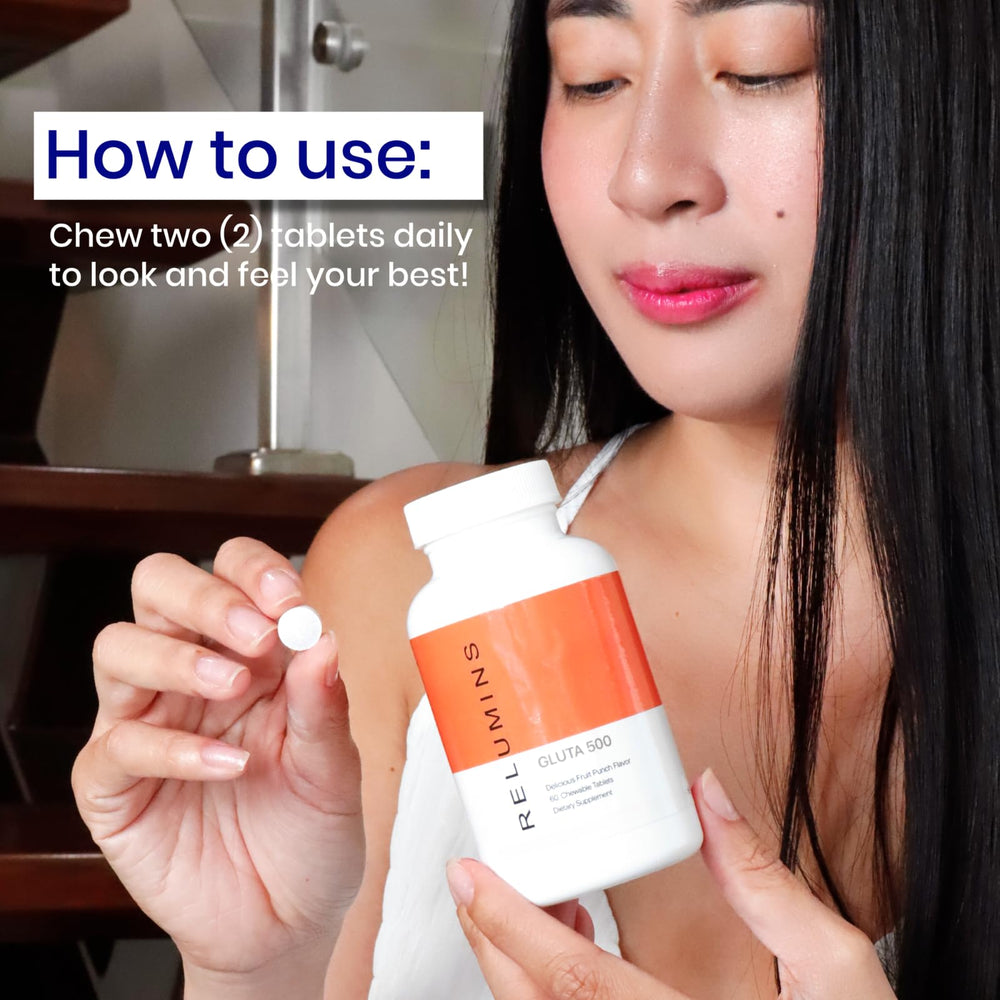 Relumins Gluta 500 daily-use illustration emphasizes convenient chewable format.