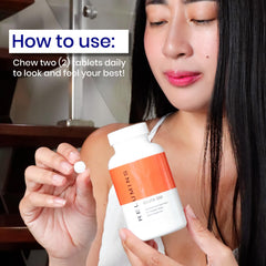 Relumins Gluta 500 daily-use illustration emphasizes convenient chewable format.