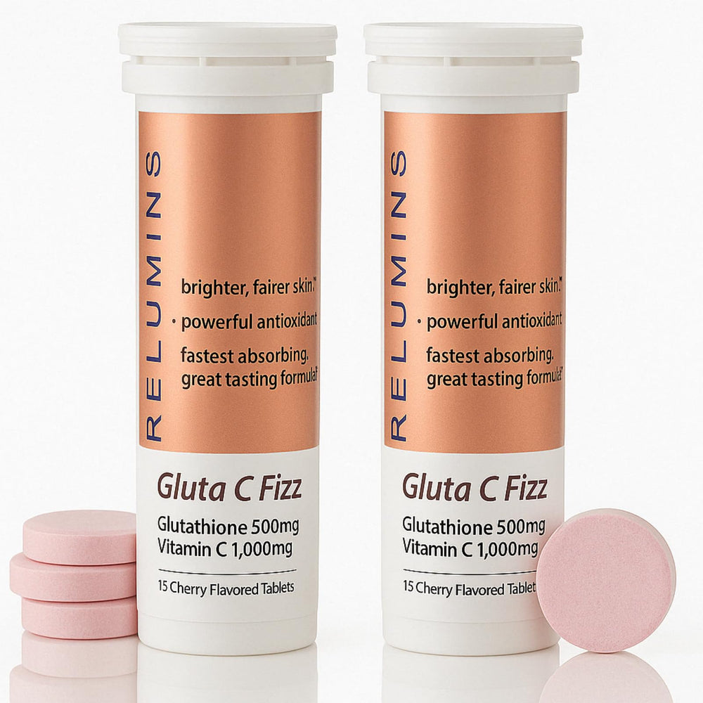 Relumins Gluta C Fizz jar label close-up highlighting high-dose formula.