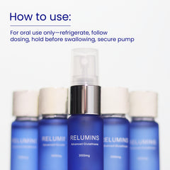 Relumins bottle cap close-up highlights gluten-free and allergen-free formulation.