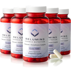 Relumins L-Glutathione bottle with glow-enhancing formula for radiant skin.