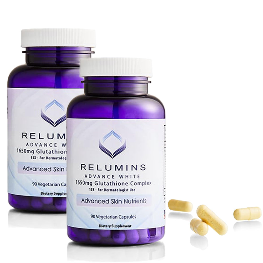 Relumins L-Glutathione Complex bottle front – daily antioxidant support in premium capsules.