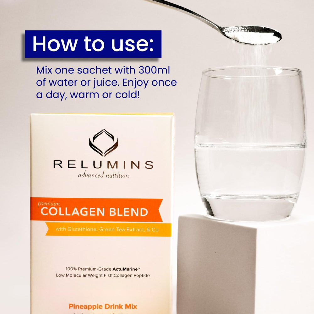 Relumins Marine Collagen Powder dissolving in water, smooth pineapple flavor