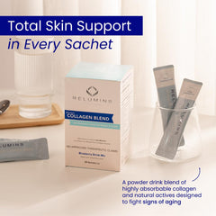 Relumins Marine Collagen sachet dissolving in water demonstrates quick mixability.