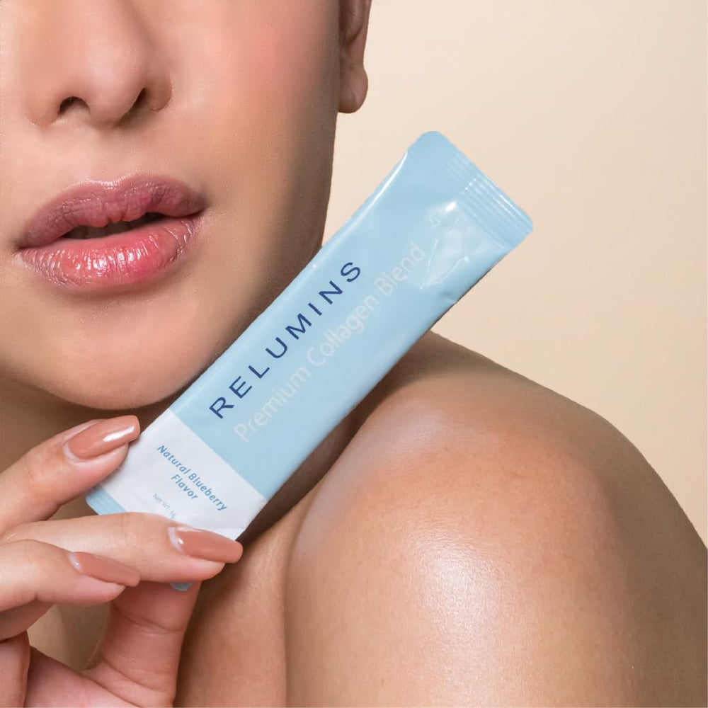 Relumins Marine Collagen sachets on kitchen counter show convenient daily use.