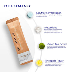 Relumins Marine Collagen scoop dissolving in water for easy daily mix.
