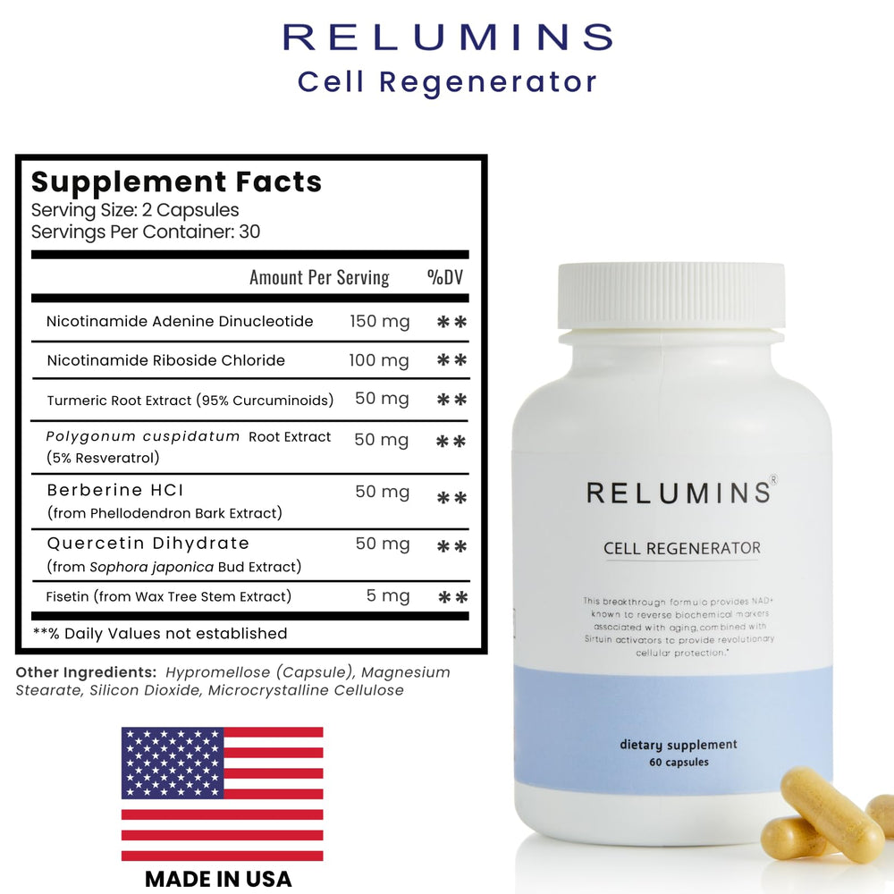 Relumins NAD+ vegan capsules positioned for everyday vitality