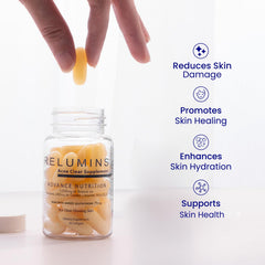 Relumins vegan and gluten-free symbols on packaging.