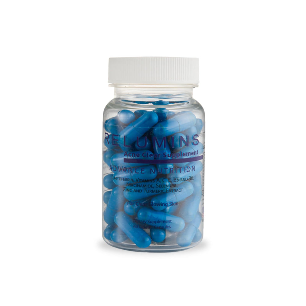 Relumins Oral Acne Pills bottle front showing vegan capsules for clearer skin potential