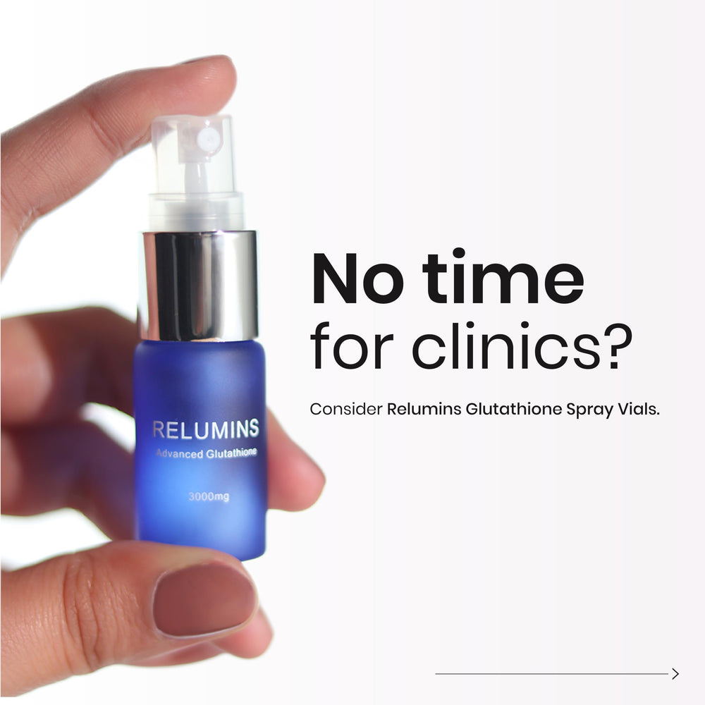 Relumins sublingual spray in-use scene suggests a simple daily wellness ritual.
