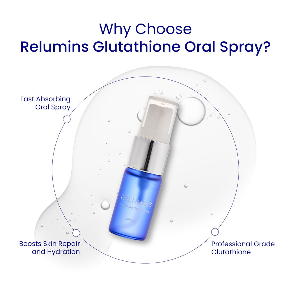 Relumins sublingual spray mist close-up shows smooth, even delivery.