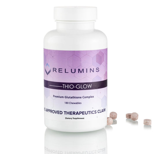 Relumins Thio-Glow bottle and chewables for convenient daily antioxidant support.