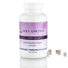 Relumins Thio-Glow bottle and chewables for convenient daily antioxidant support.