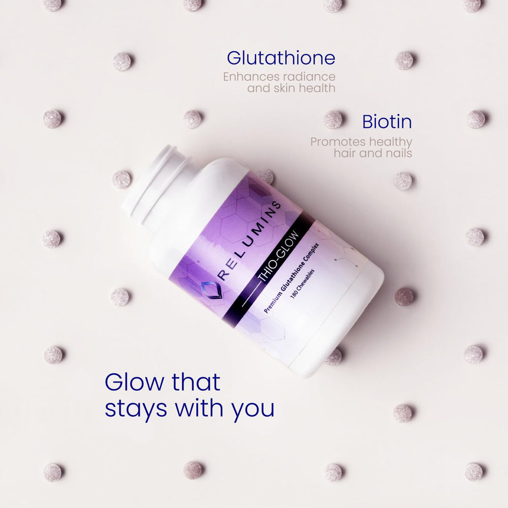 Relumins Thio-Glow glutathione tablet close-up highlighting daily dose.